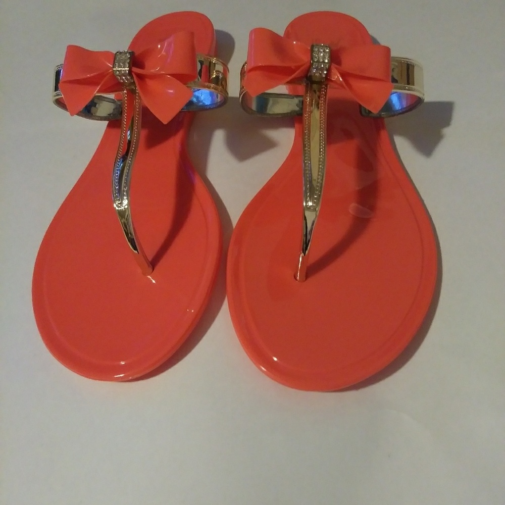 Womens New Orange Jelly Flat Sandals with Bowtie